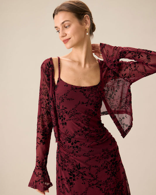 Robe Midi Fleurie Rouge Bordeaux Fluide
