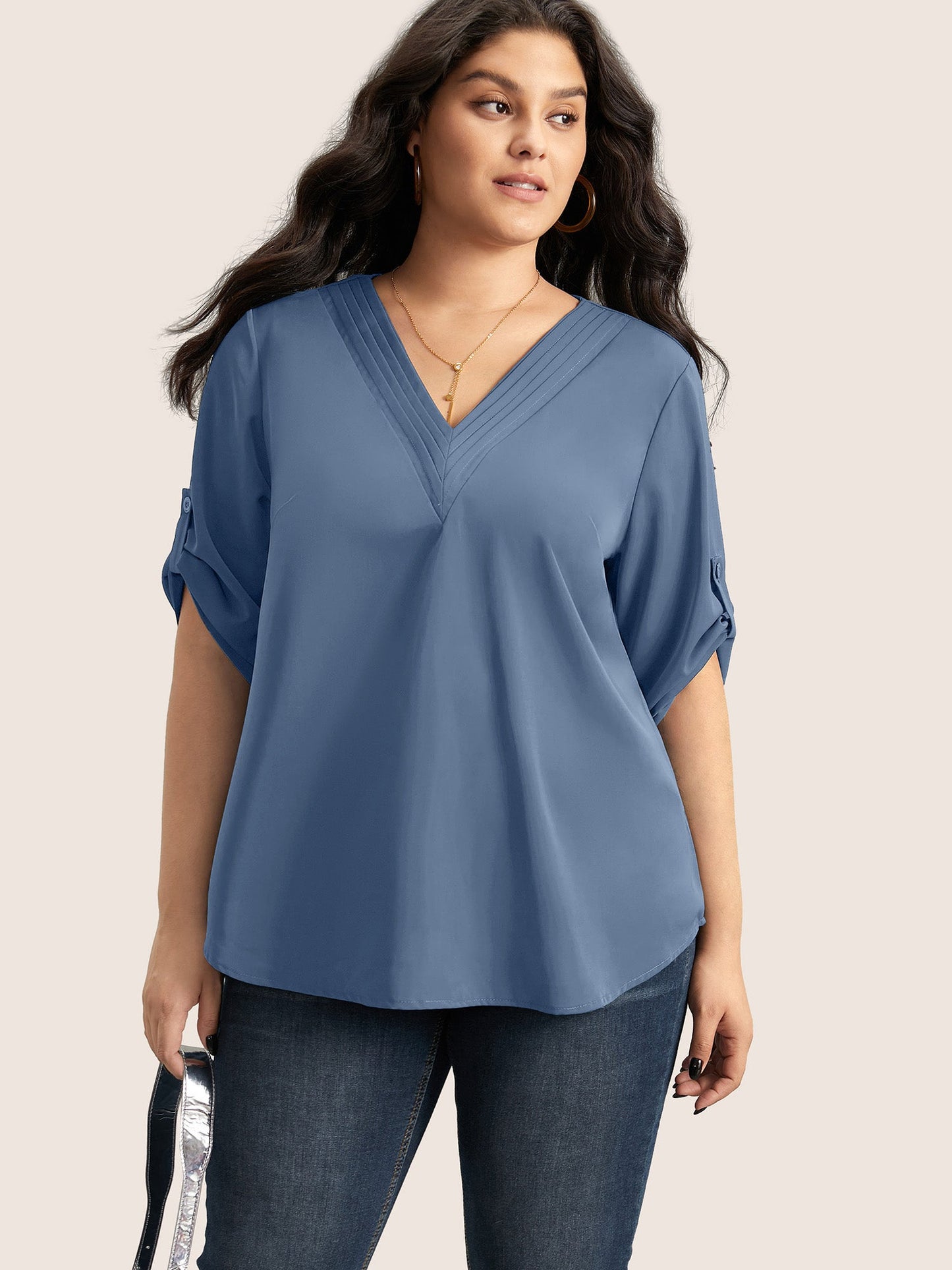 Blouse Col V Plissee Manches Boutonnees