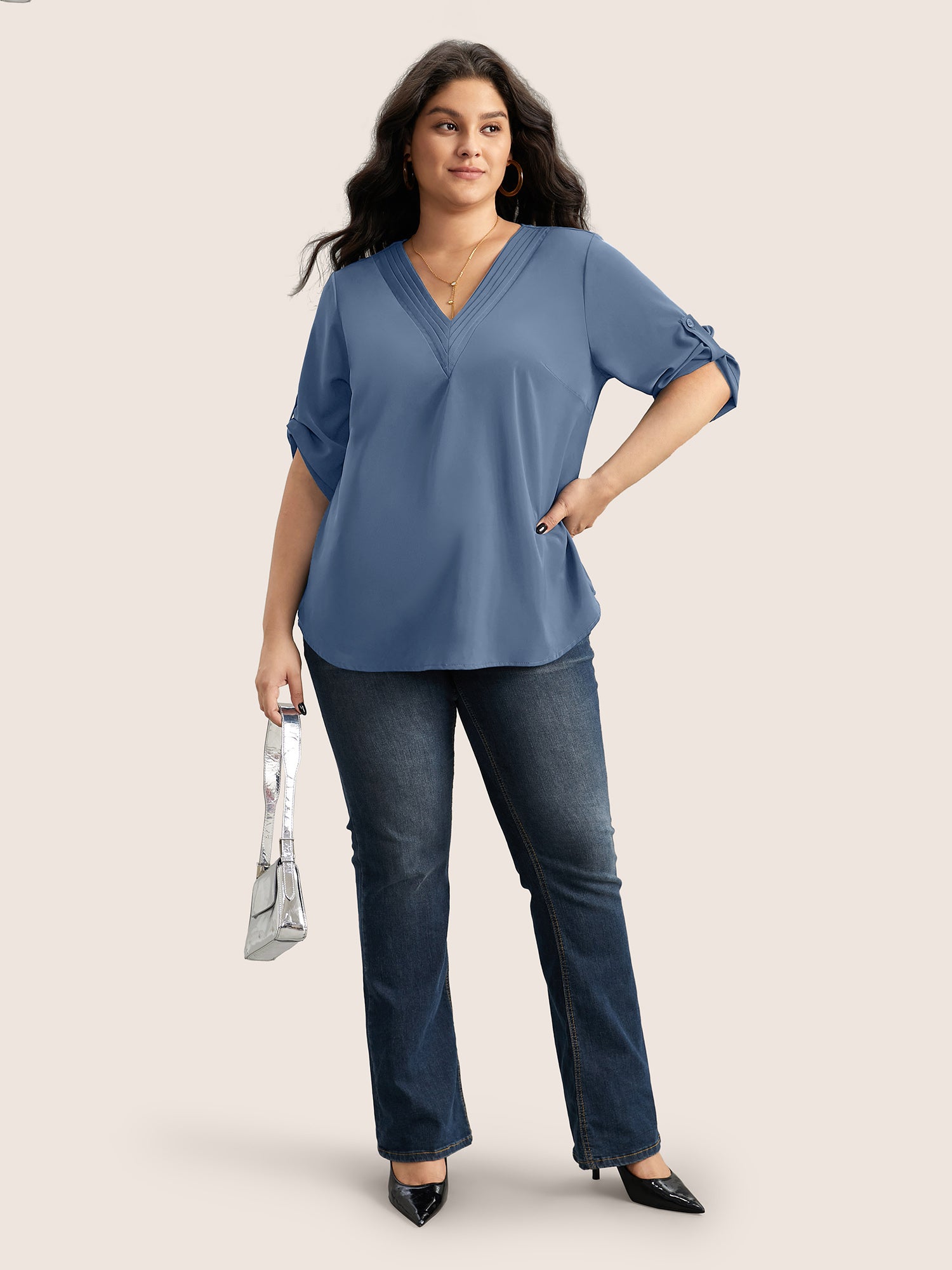 Blouse Col V Plissee Manches Boutonnees