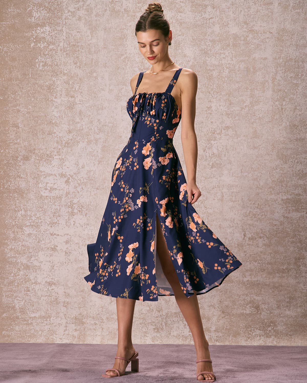 Robe Midi Fleurie Bleu Marine Laçage
