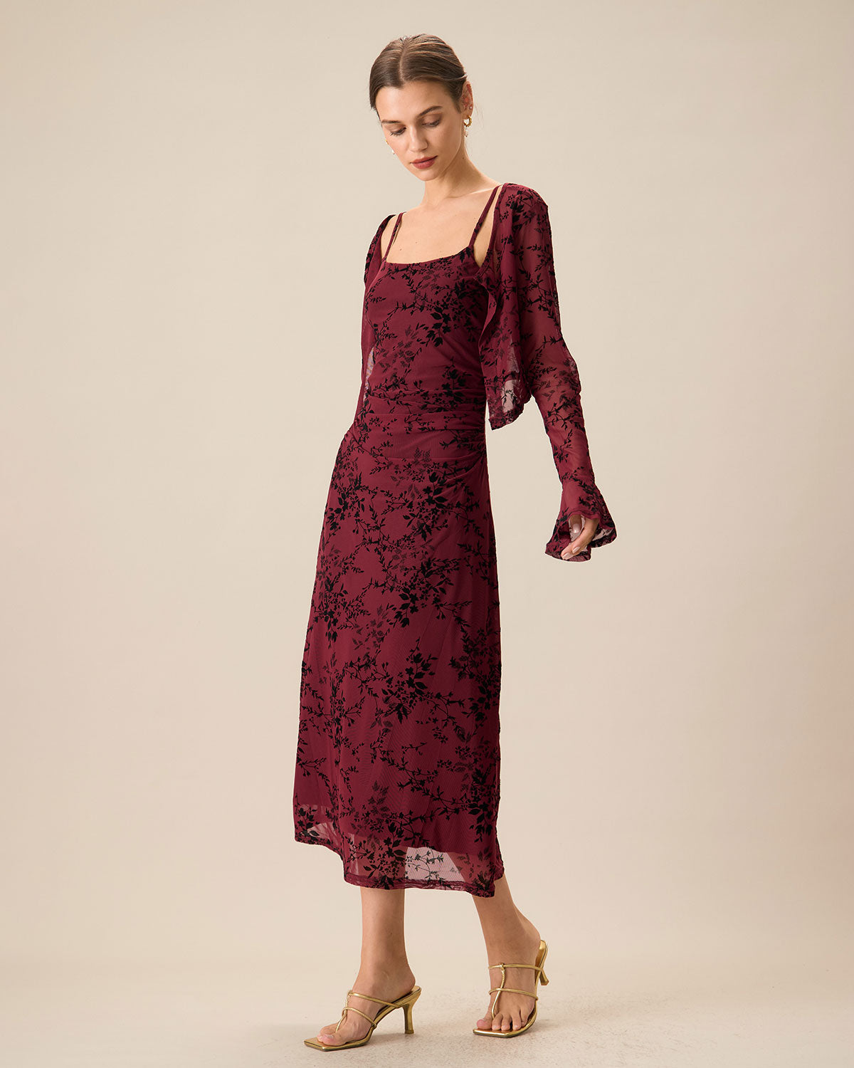 Robe Midi Fleurie Rouge Bordeaux Fluide