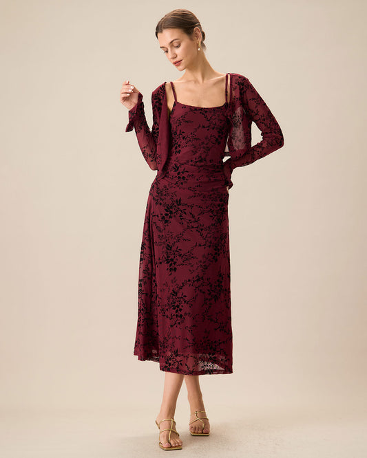 Robe Midi Fleurie Rouge Bordeaux Fluide